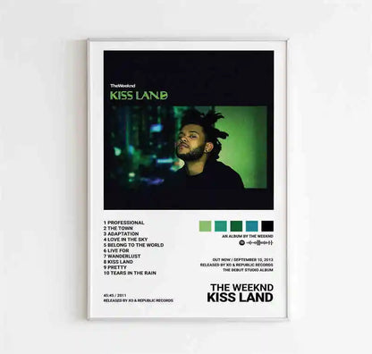 A framed starboy covers canvas print of the weeknd music album kiss land with green portrait for room bar wall decor
