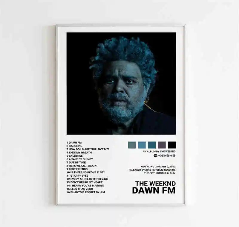 White-framed starboy covers canvas poster featuring the weeknd music album dawn fm tracklist for room bar wall decor