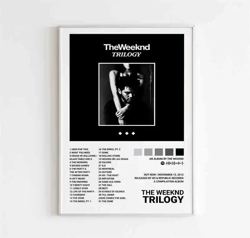Black and white framed weeknd music album poster featuring trilogy portrait tracklist for room bar wall decor