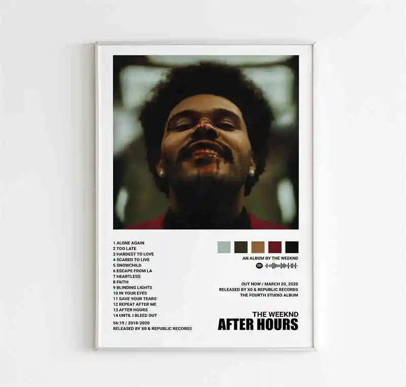White-framed starboy covers canvas featuring the weeknd music album after hours portrait and tracklist for room bar wall decor