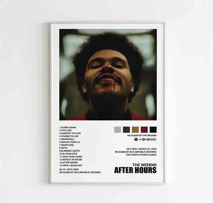 White-framed starboy covers canvas featuring the weeknd music album after hours portrait and tracklist for room bar wall decor