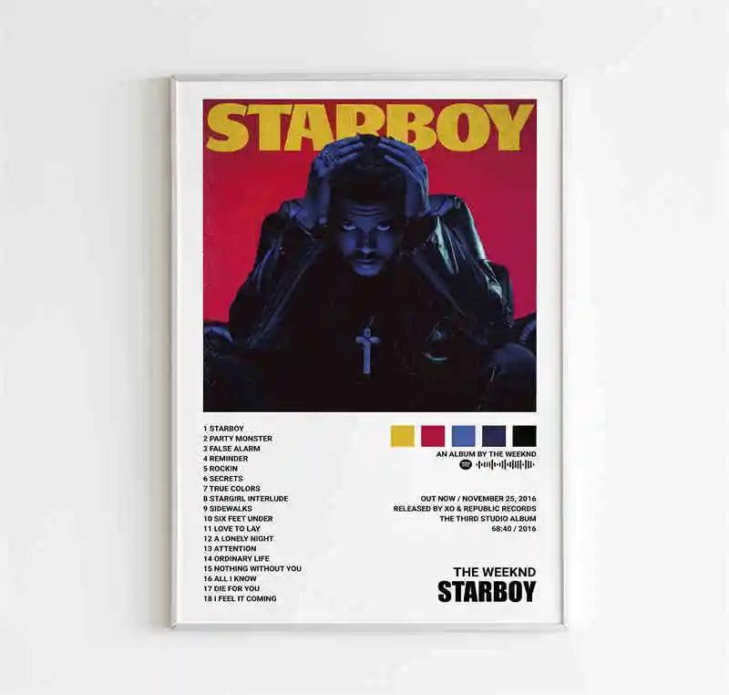Framed starboy covers canvas poster featuring weeknd music album art with bold yellow text for room bar wall decor