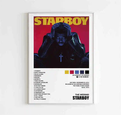Framed starboy covers canvas poster featuring weeknd music album art with bold yellow text for room bar wall decor