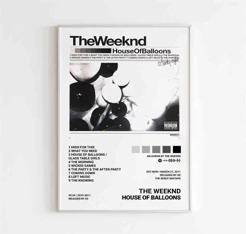 Black and white framed weeknd music album poster with minimalist balloons starboy covers canvas for room bar wall decor