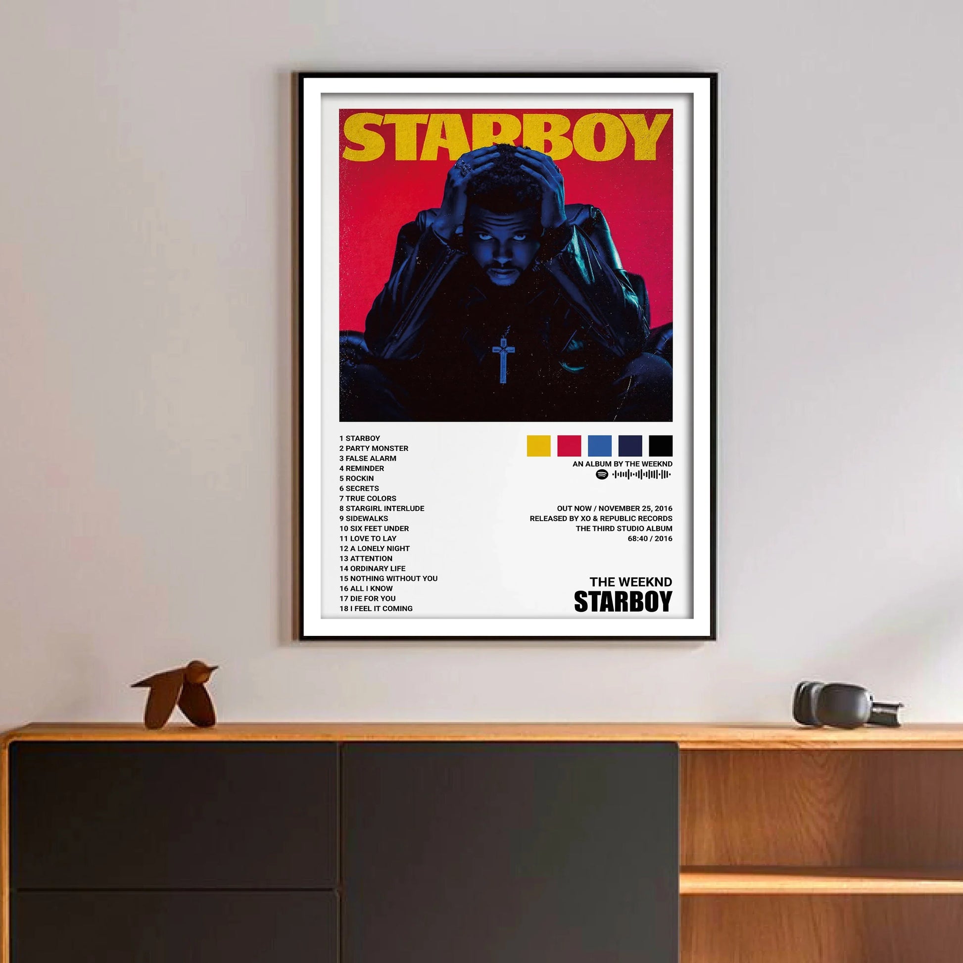 Black-framed starboy covers canvas featuring weeknd music album art with bold yellow text for room bar wall decor