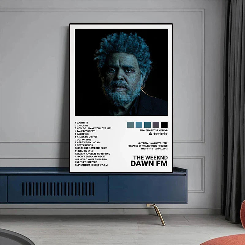 Black and white framed starboy covers canvas print of the weeknd music album dawn fm for room bar wall decor