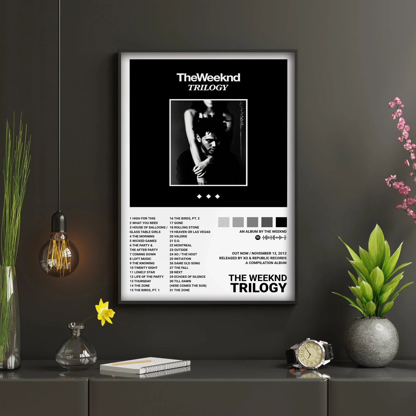 Black and white framed poster of the weeknd music album trilogy with tracklist for room bar wall starboy covers canvas decor