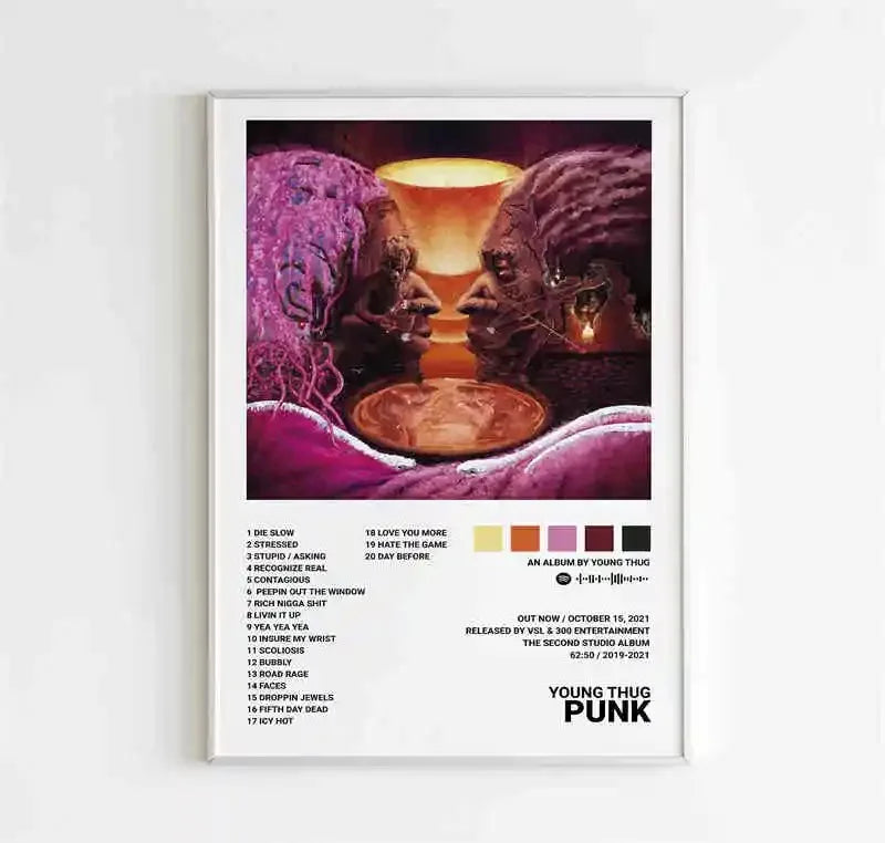 White-framed room canvas painting featuring rapper young thug fun music album cover with purple and brown faces design