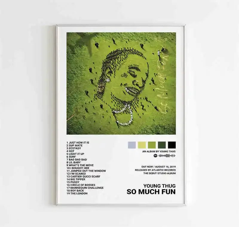 A framed room canvas painting of rapper Young Thug so much fun music album cover with green field and people portrait