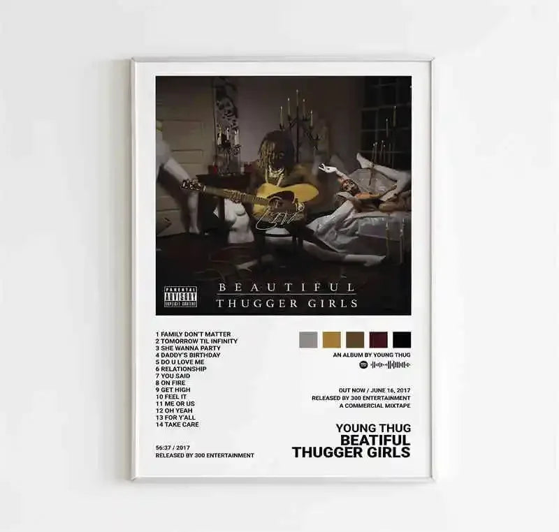 White-framed poster of rapper young thug fun music album cover with sepia guitar image for room canvas painting decor