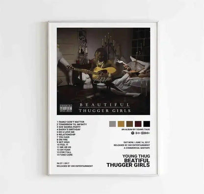 White-framed poster of rapper young thug fun music album cover with sepia guitar image for room canvas painting decor