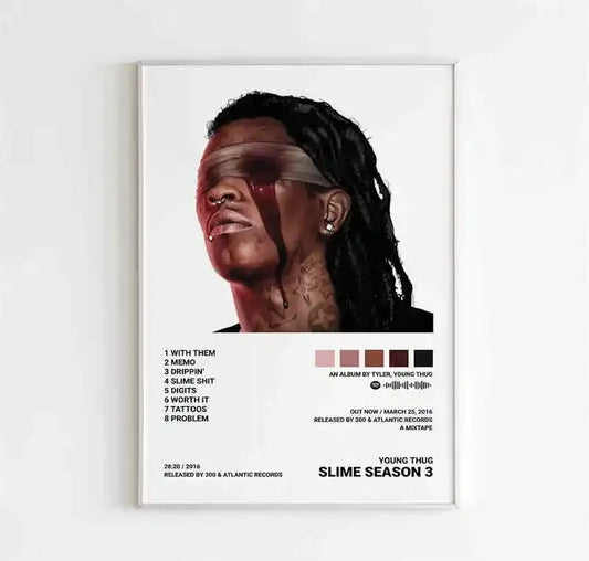 White-framed room canvas painting of rapper young thug with dark dreadlocks and red black accents from slime season 3 album