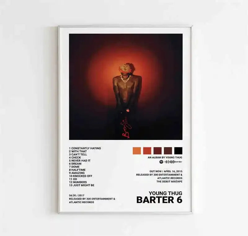 White-framed room canvas painting of rapper young thug with fun music album cover and tracklist on dark red background