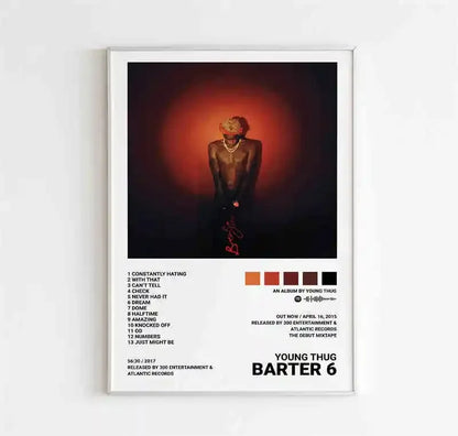 White-framed room canvas painting of rapper young thug with fun music album cover and tracklist on dark red background