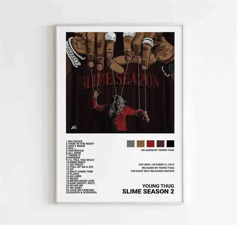 White-framed poster featuring rapper young thug fun music album slime season 2 stylized hands room canvas painting