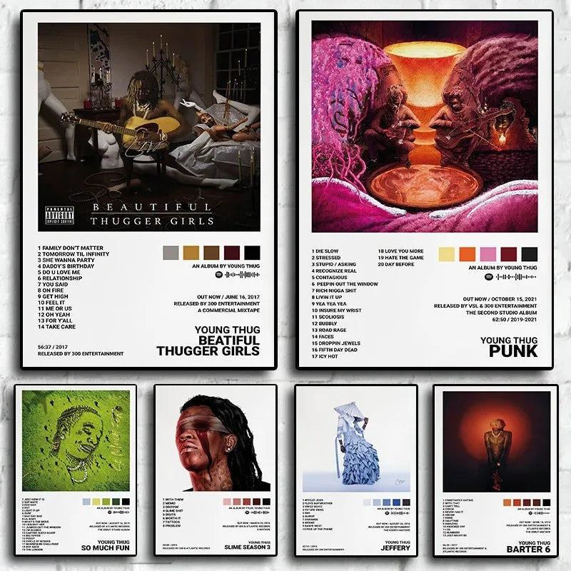 Set of six rapper young thug fun music album art posters with vibrant colors for room canvas painting wall decor