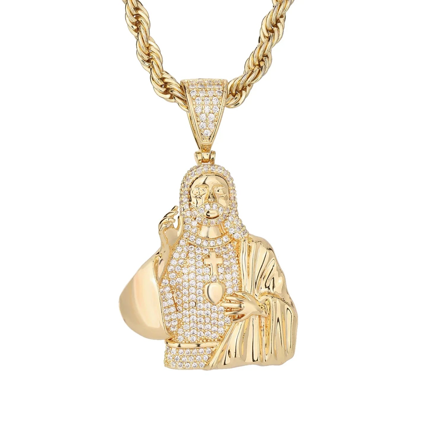Gold-colored religious pendant with intricate cubic zirconia pavé on copper plated 14k gold wholesale chain