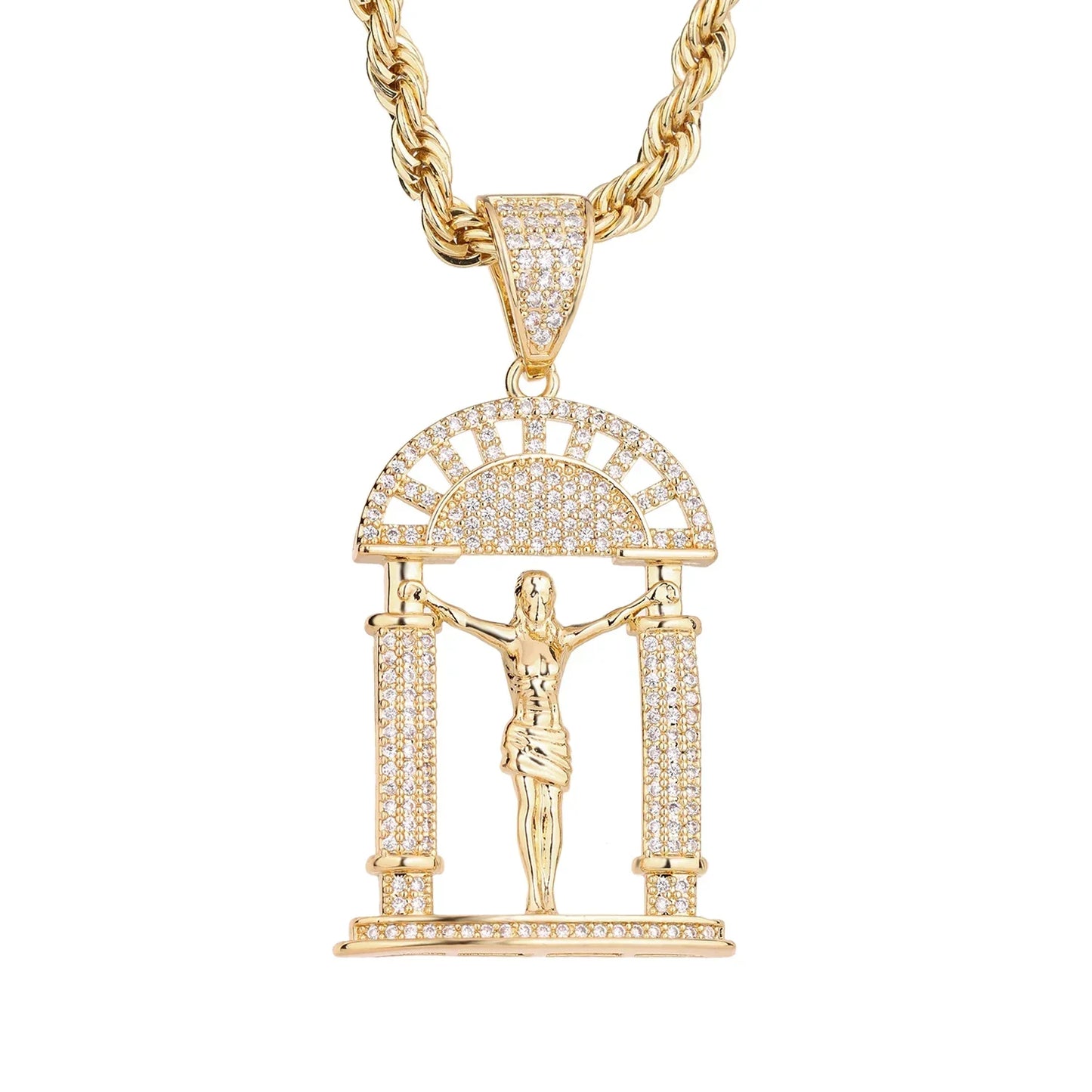 Gold-colored hip-hop religious pendant for men and women made of copper plated 14k gold with diamond-encrusted details