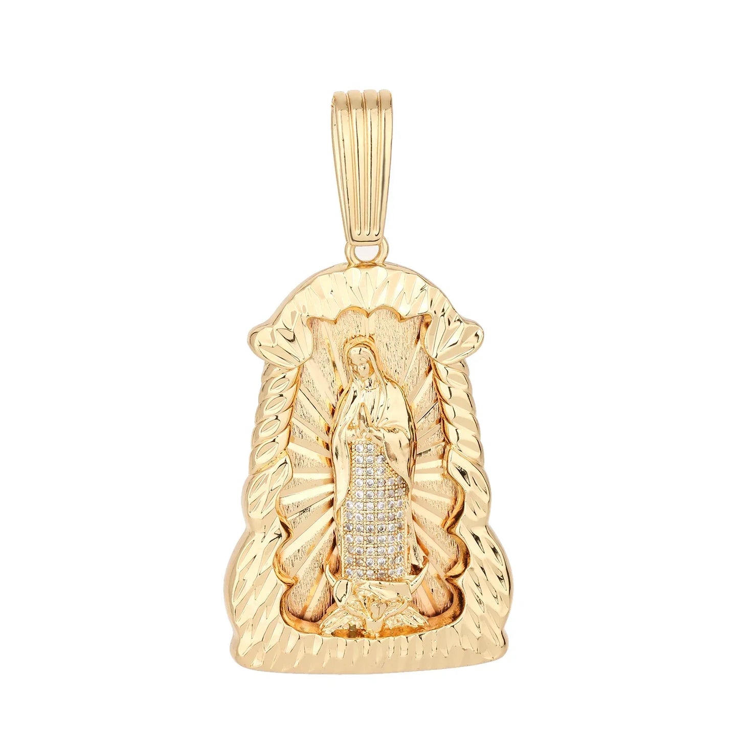 Gold-colored religious pendant featuring virgin Mary with diamond accents copper plated and 14k gold wholesale available