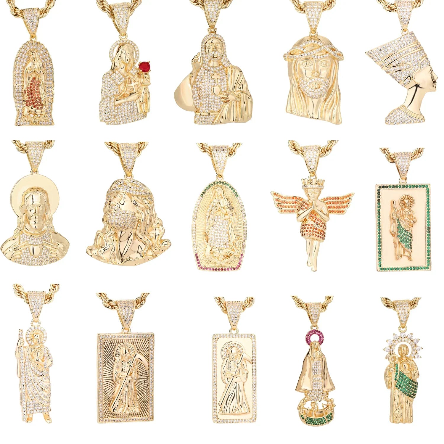 Gold-colored hip-hop religious pendant for men and women copper plated with 14k gold and cubic zirconia wholesale
