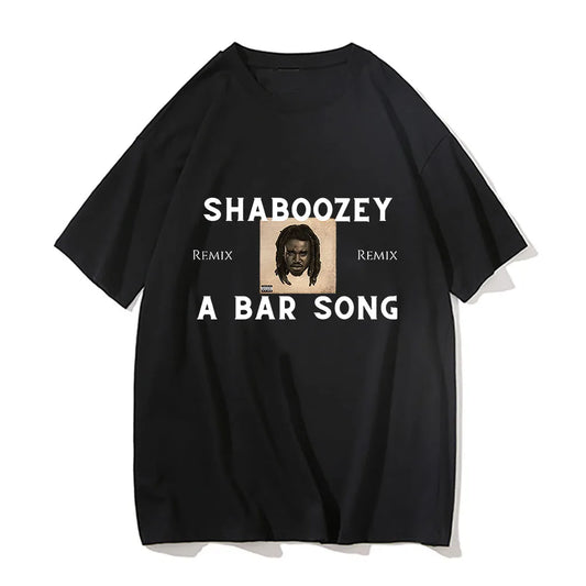 Black short-sleeved cotton t-shirt with shaboozeey a bar song tipsy album cover graphic print on the chest