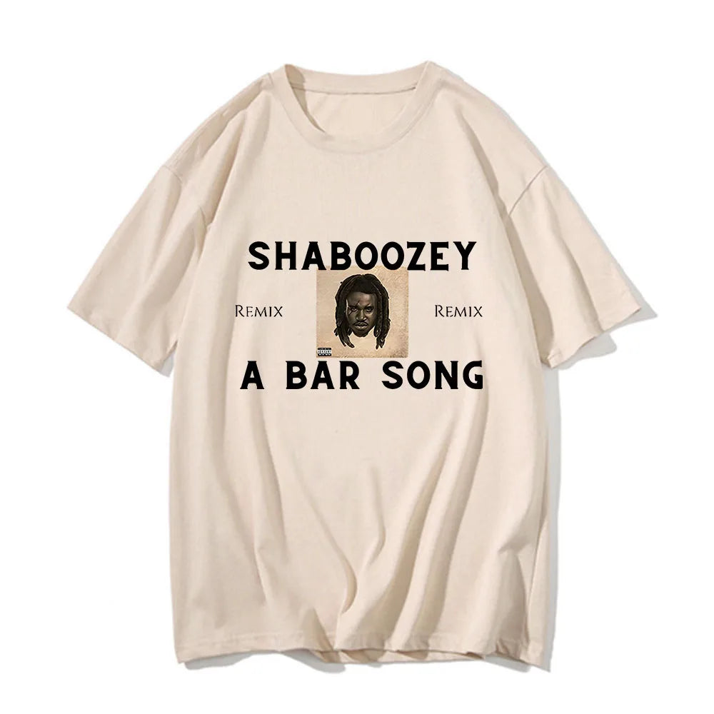Beige short-sleeved cotton t-shirt with shaboozey graphic printing of a bar song album cover in graphic printing grunge style