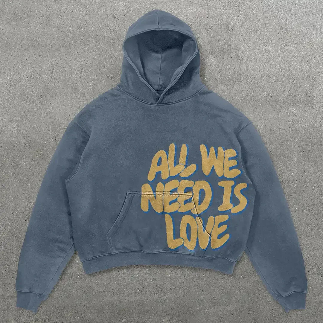 Dark gray oversized letter hoodie y2k with bold yellow all we need is love graphic clothes men harajuku hip hop style