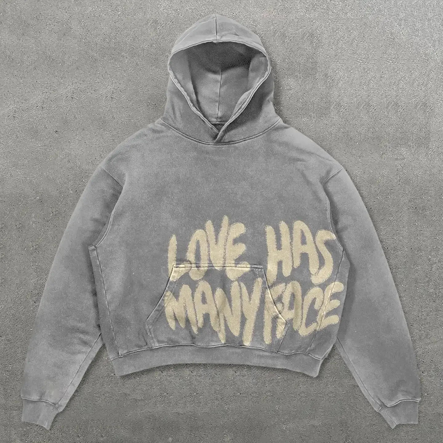Gray oversized hoodie with faded cream love has many faces graphic print for clothes men harajuku hip hop style