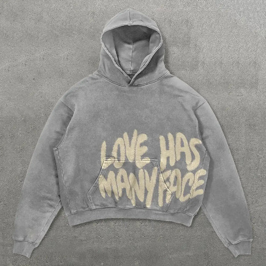 Gray oversized hoodie with faded cream love has many faces graphic print for clothes men harajuku hip hop style