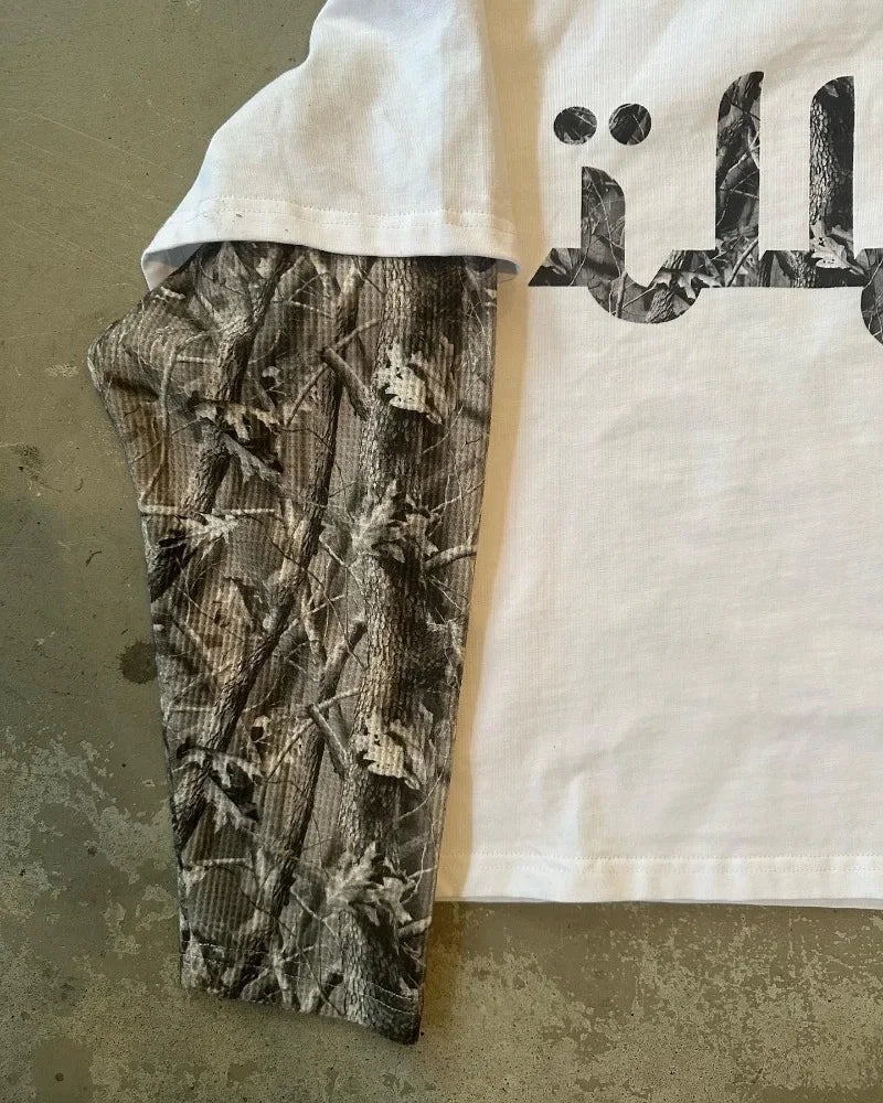 White t-shirt with camouflage print long sleeves and black arabic lettering hip hop streetwear sweatshirt
