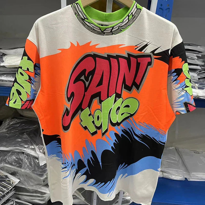A vibrant high quality oversized hip hop retro graphic tee with racing style graffiti and saint force wave design
