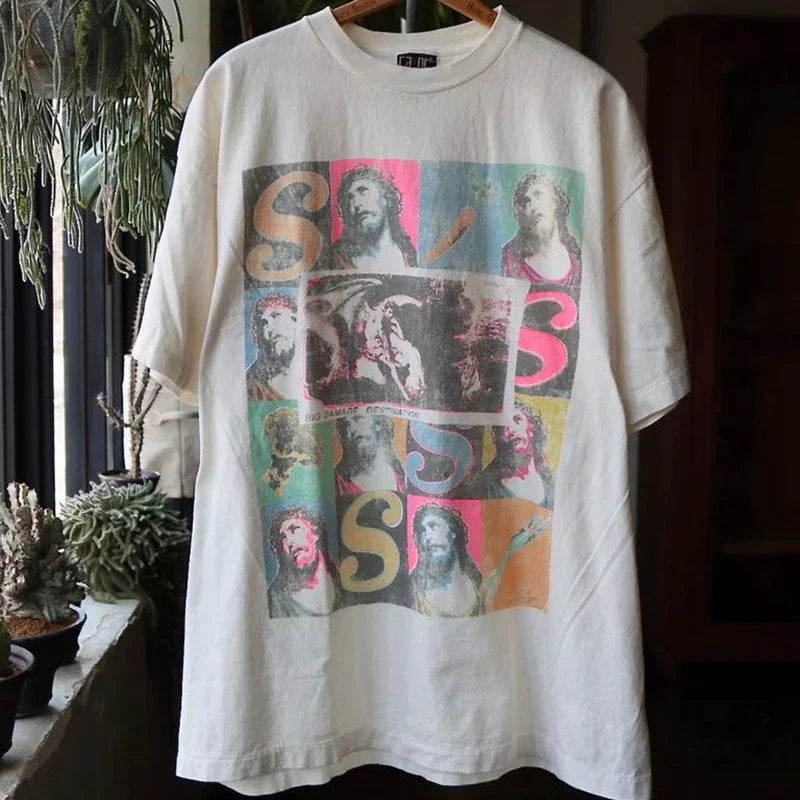 Off-white cotton high quality oversized t-shirt with hip hop retro racing style graffiti jesus christ collage graphic