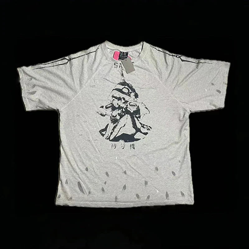 Heather gray short-sleeved hip hop retro t-shirt with racing style graffiti and distressed high quality oversized fit