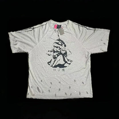 Heather gray short-sleeved hip hop retro t-shirt with racing style graffiti and distressed high quality oversized fit