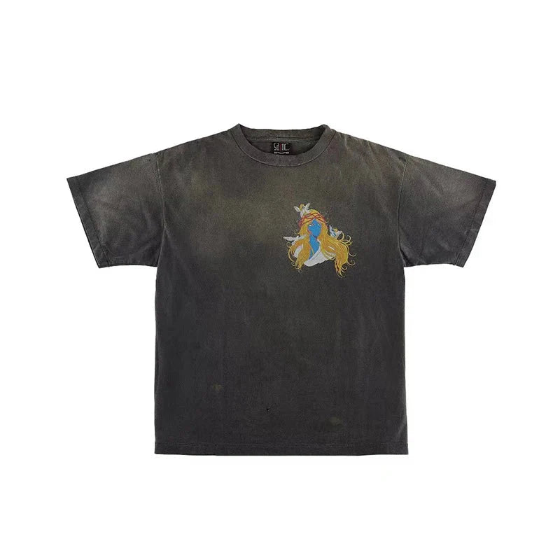 Dark gray slightly faded cotton t shirt with colorful embroidered winged figure in hip hop retro racing style graffiti design