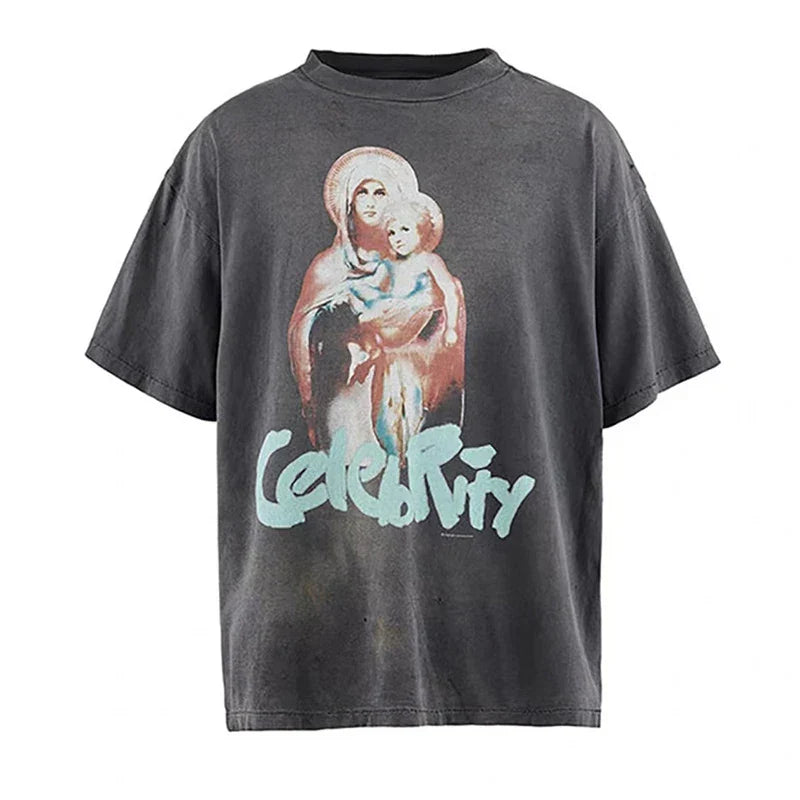 Dark gray high quality oversized t shirt with faded figure graphic and light blue racing style graffiti text celebrity