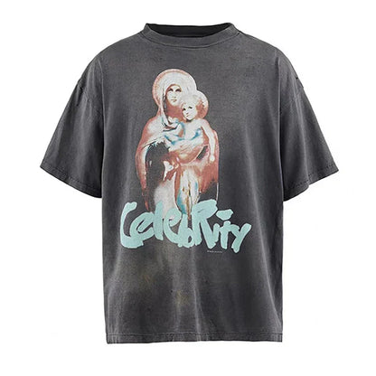 Dark gray high quality oversized t shirt with faded figure graphic and light blue racing style graffiti text celebrity