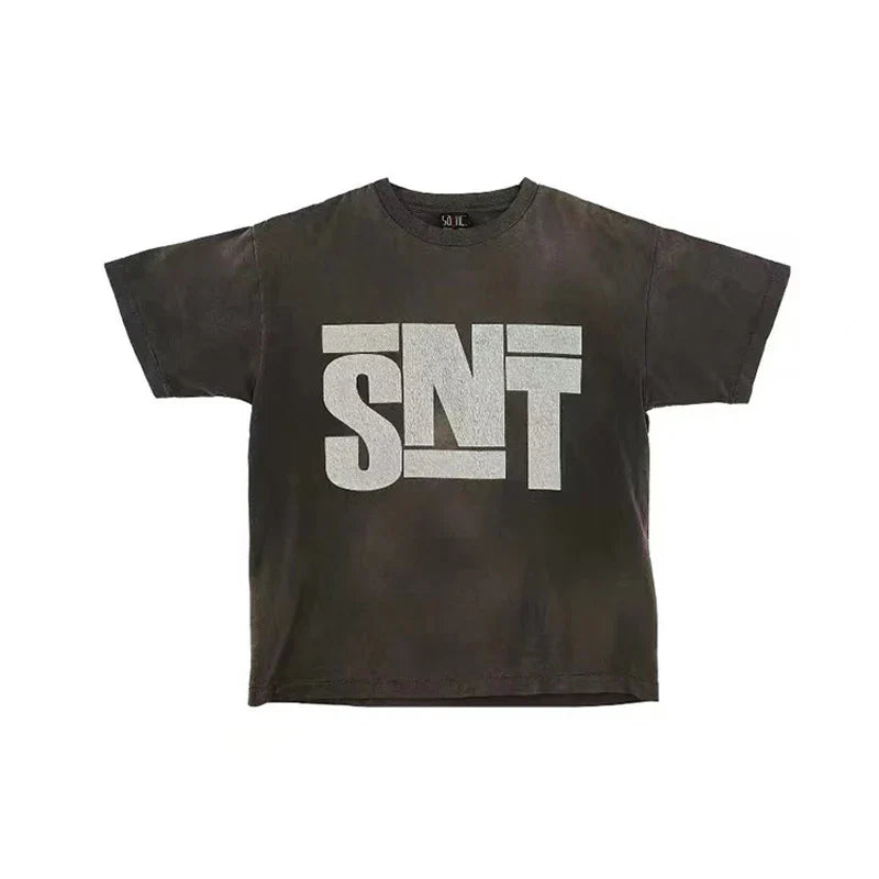 Dark olive green high quality oversized t shirt with distressed snt graphic in hip hop retro racing style graffiti design