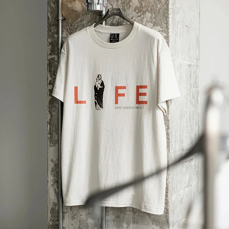 Off-white cotton high quality oversized t-shirt with hip hop retro racing style graffiti graphic and life illustration