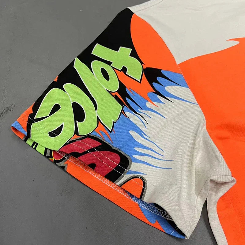 High quality oversized hip hop retro t shirt with vibrant neon green orange and blue racing style graffiti on white base