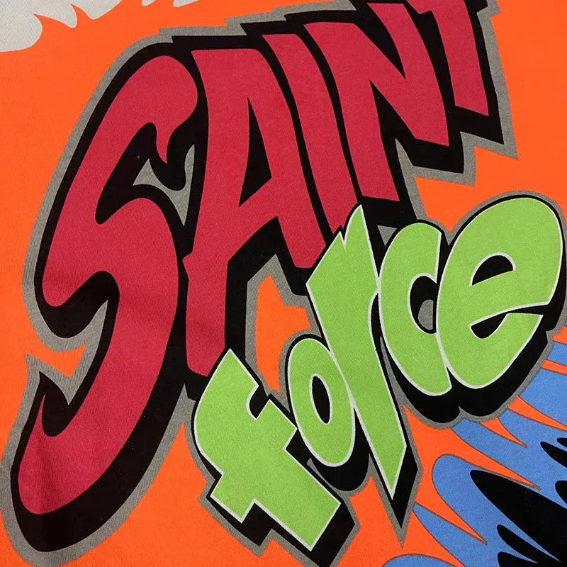 Vibrant orange hip hop retro high quality oversized t shirt with racing style graffiti saint micheal design