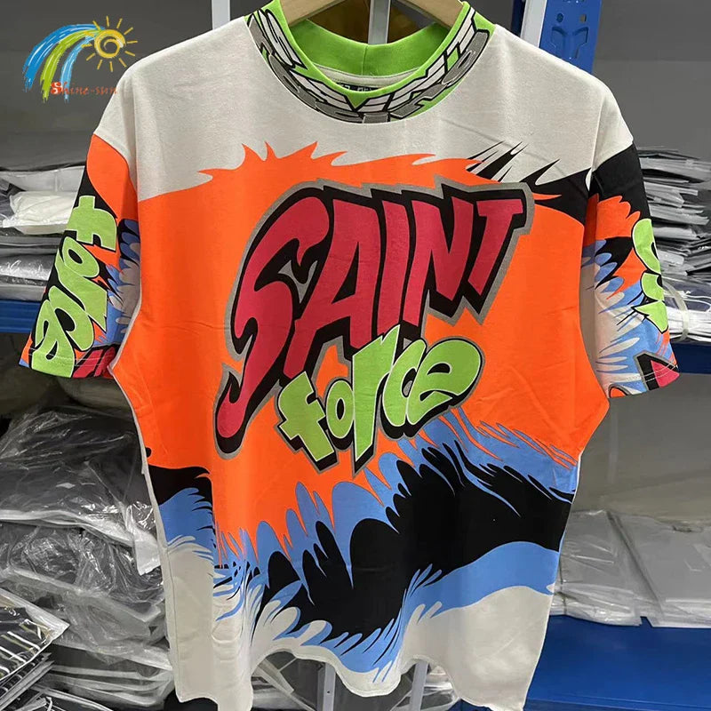 A high quality oversized hip hop retro racing style graffiti t shirt featuring vibrant orange white and black colors