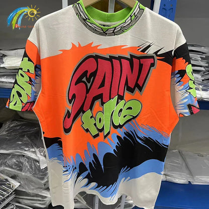 A high quality oversized hip hop retro racing style graffiti t shirt featuring vibrant orange white and black colors