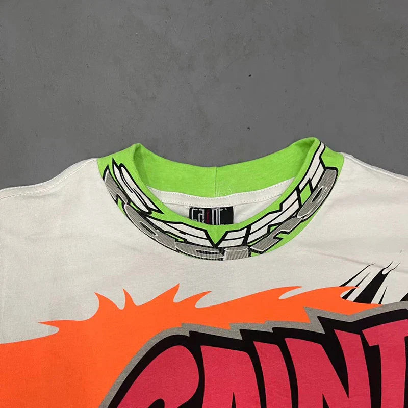 White t-shirt with neon green collar and bold pink orange hip hop retro racing style graffiti design high quality oversized