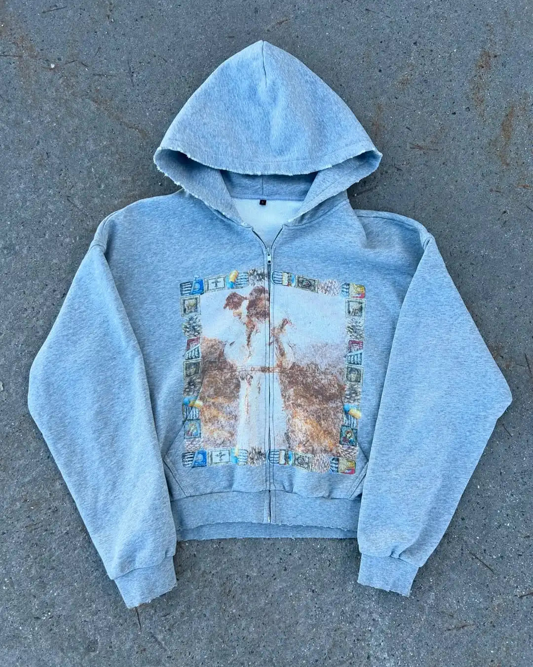 Light gray casual hoodie personalized with distressed retro spring pattern printing harajuku style on front