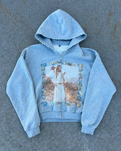 Light gray casual hoodie personalized with distressed retro spring pattern printing harajuku style on front