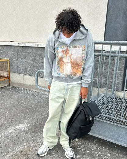 Gray zip-up casual hoodie personalized with vintage style pattern printing harajuku for retro spring wear