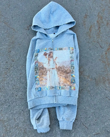 Light blue hooded zip-up casual hoodie personalized with retro spring pattern printing Harajuku graphic design