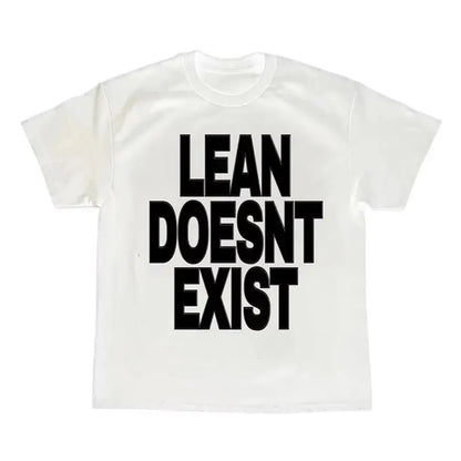 White cotton hip hop retro short sleeve punk t shirt with bold black text lean doesn t exist for casual wear