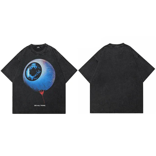 Black oversized cotton t-shirt with streetwear big eyeball graphic and see all thing text for hip hop retro tees dope y2k style